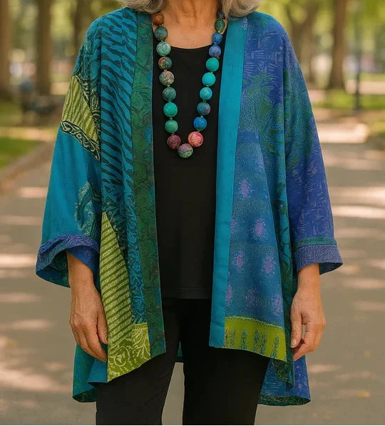 Patchwork Print Open Front Draped Kimono Jacket