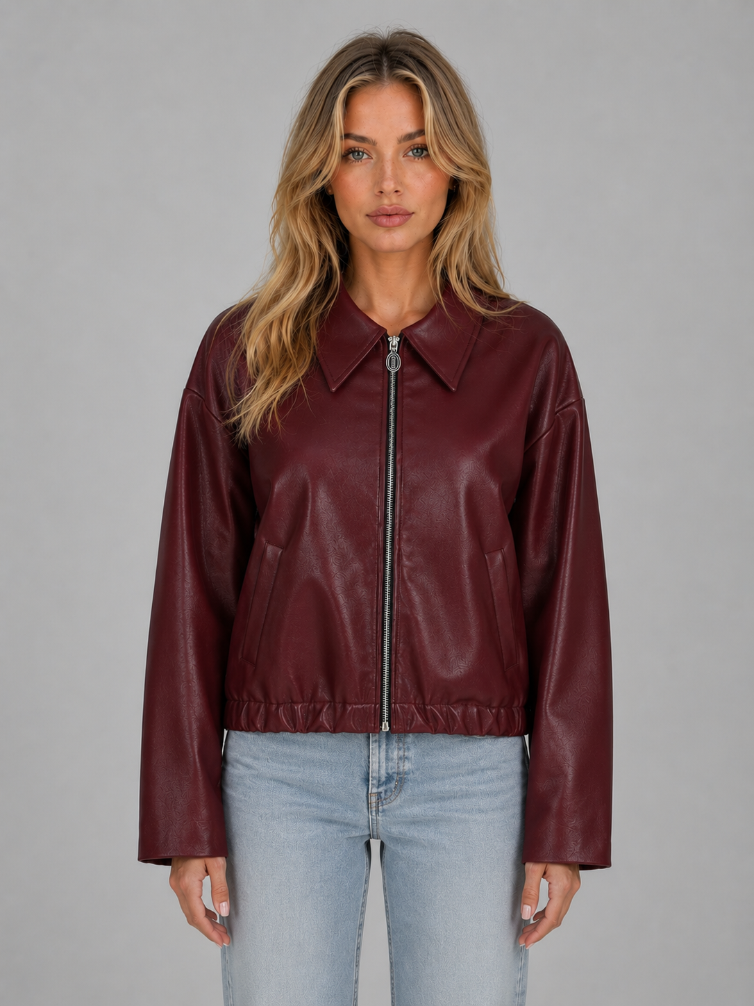 Collared Zip Front Faux Leather Cropped Bomber Jacket