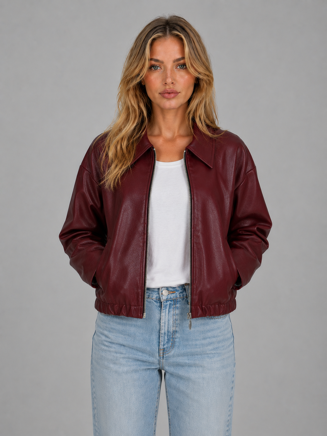 Collared Zip Front Faux Leather Cropped Bomber Jacket