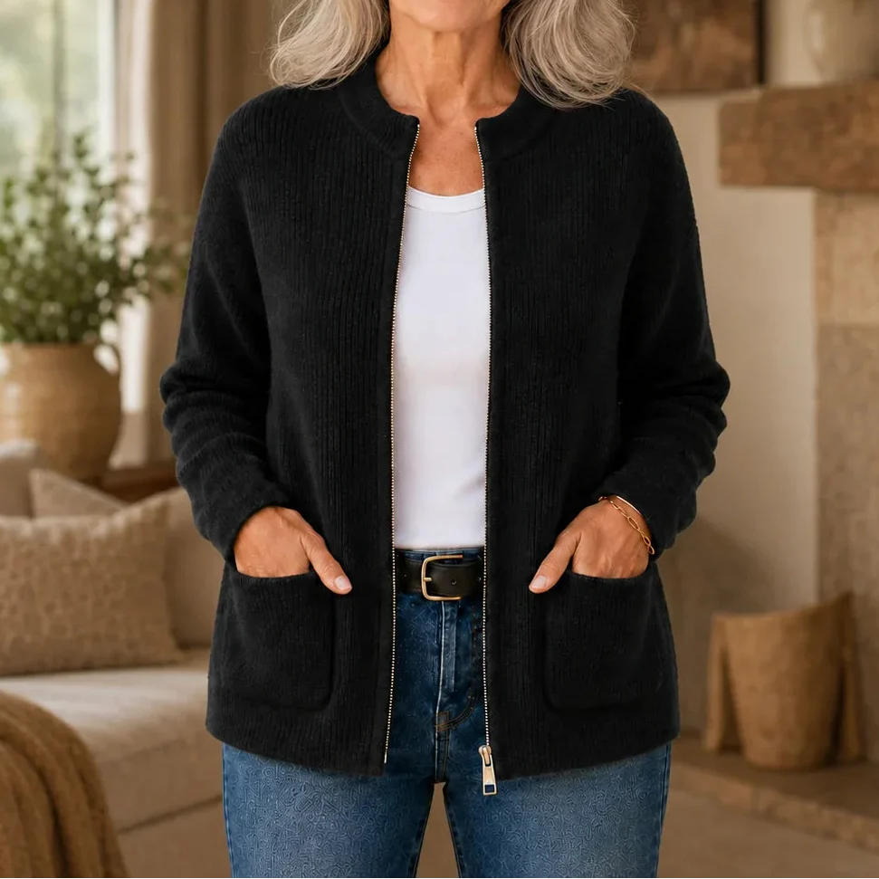 Ribbed Knit Zip Front Pocket Cardigan