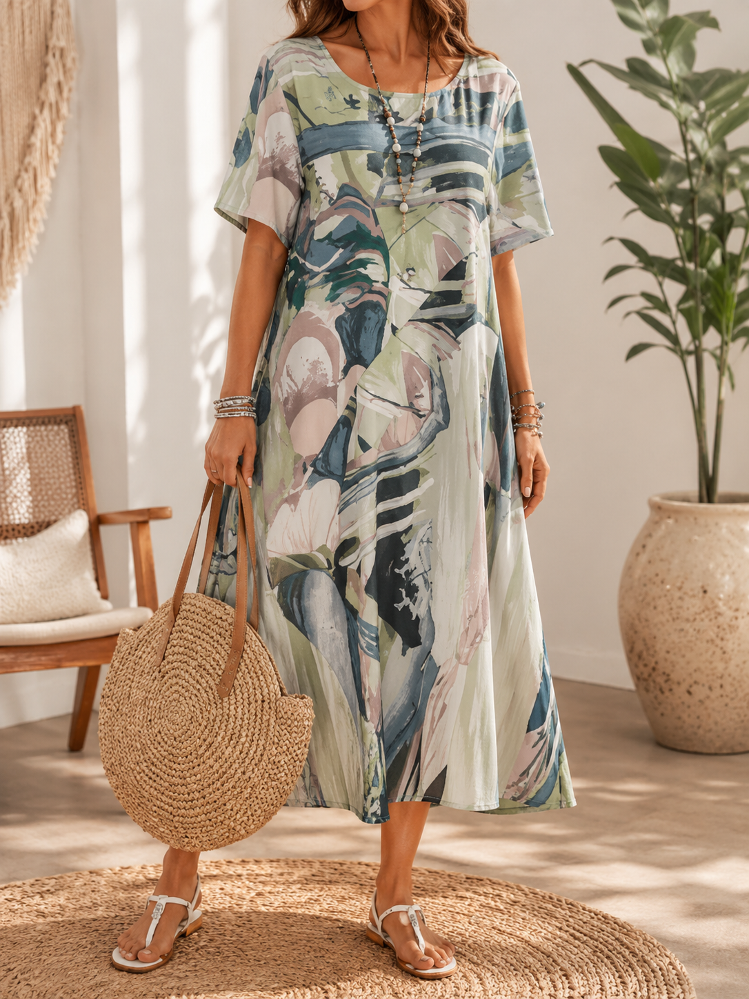 Abstract Print Round Neck Short Sleeve Flowy Maxi Dress