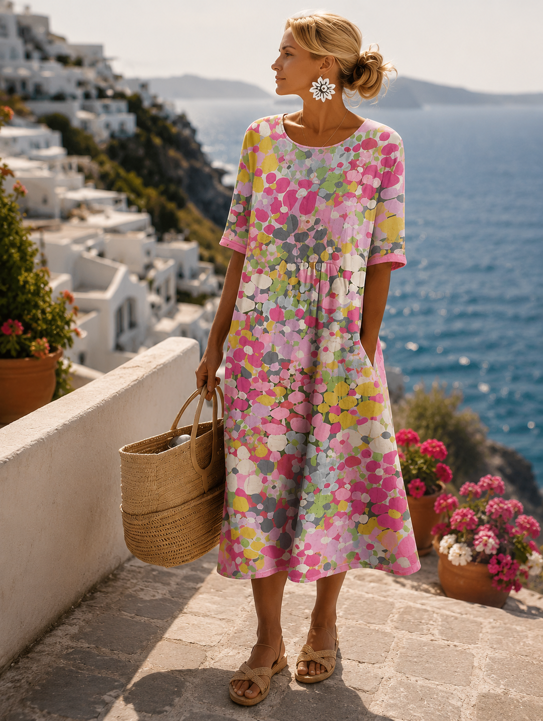 Floral Print Round Neck Short Sleeve Pocket Midi Dress