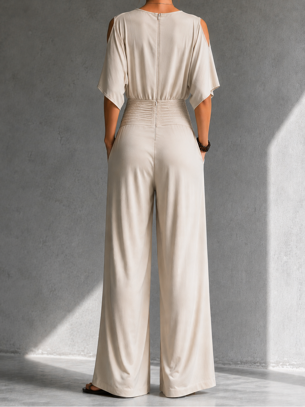 V-Neck Cold Shoulder Ruched Waist Wide Leg Jumpsuit