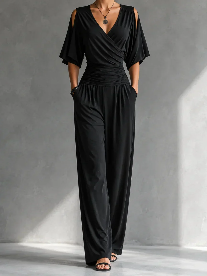 V-Neck Cold Shoulder Ruched Waist Wide Leg Jumpsuit