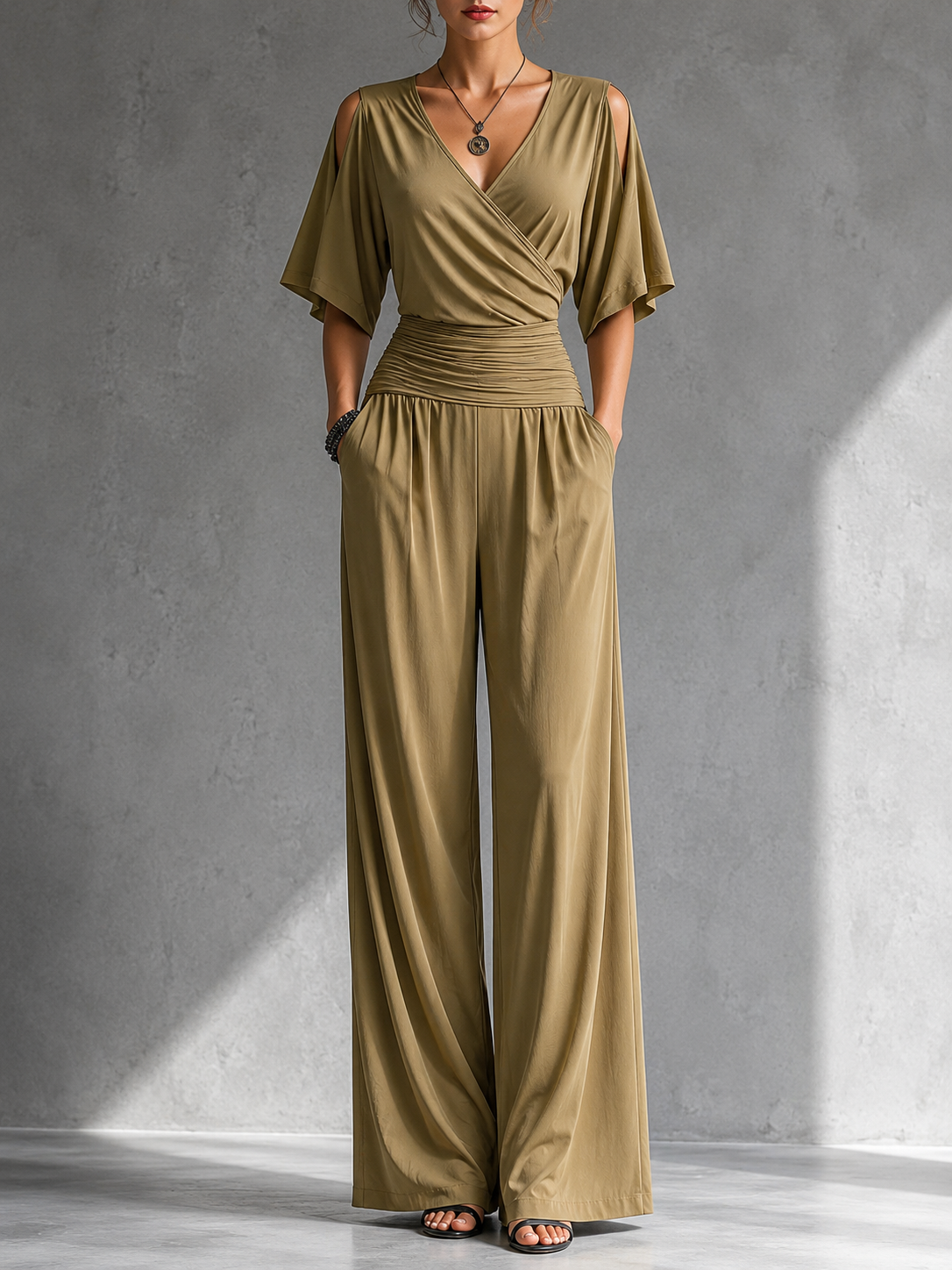 Deep V-Neck Cold Shoulder Flutter Sleeve Wide Leg Jumpsuit