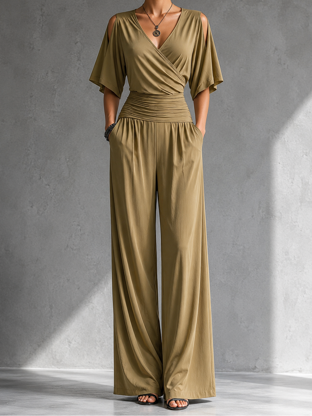 V-Neck Cold Shoulder Ruched Waist Wide Leg Jumpsuit