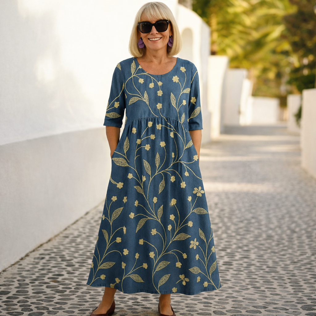 Floral Embroidered Round Neck Half Sleeve A-Line Midi Dress