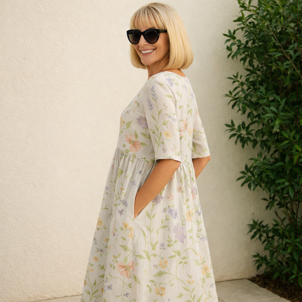 Floral Embroidered Round Neck Half Sleeve A-Line Midi Dress