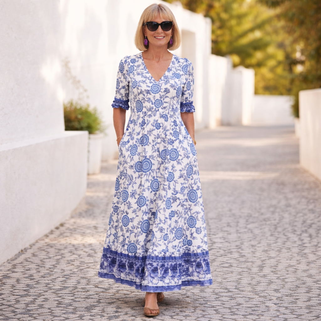 Floral Print V-Neck Short Sleeve Tiered Maxi Dress