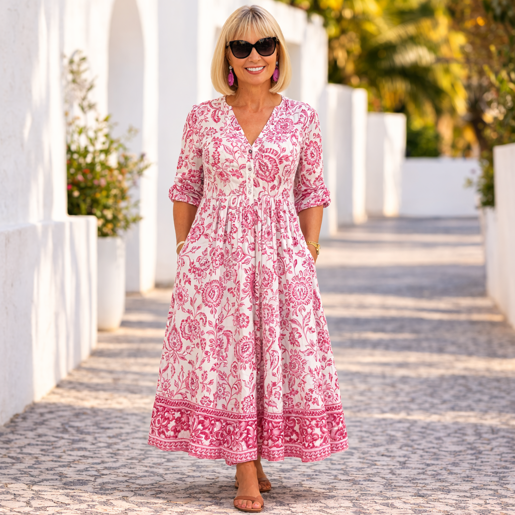 Floral Print V-Neck Short Sleeve Tiered Maxi Dress