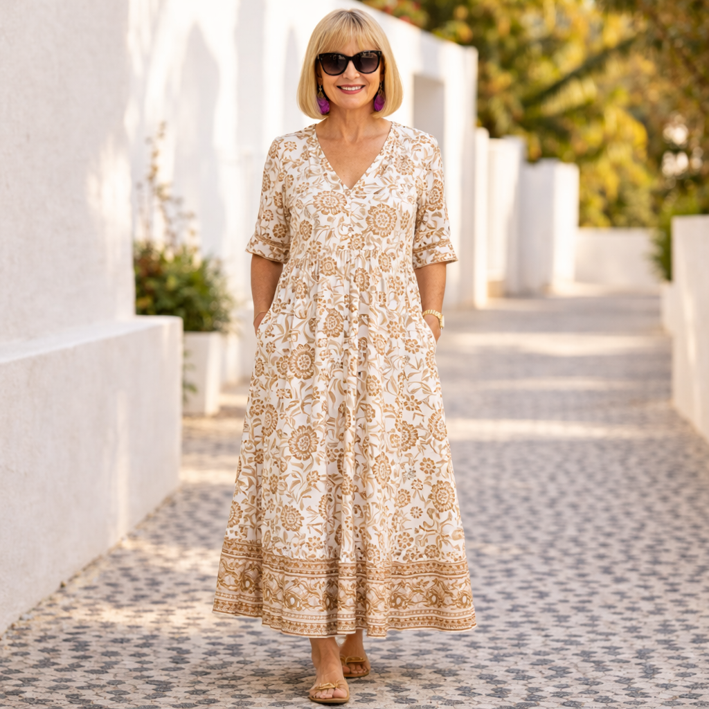 Floral Print V-Neck Short Sleeve Tiered Maxi Dress