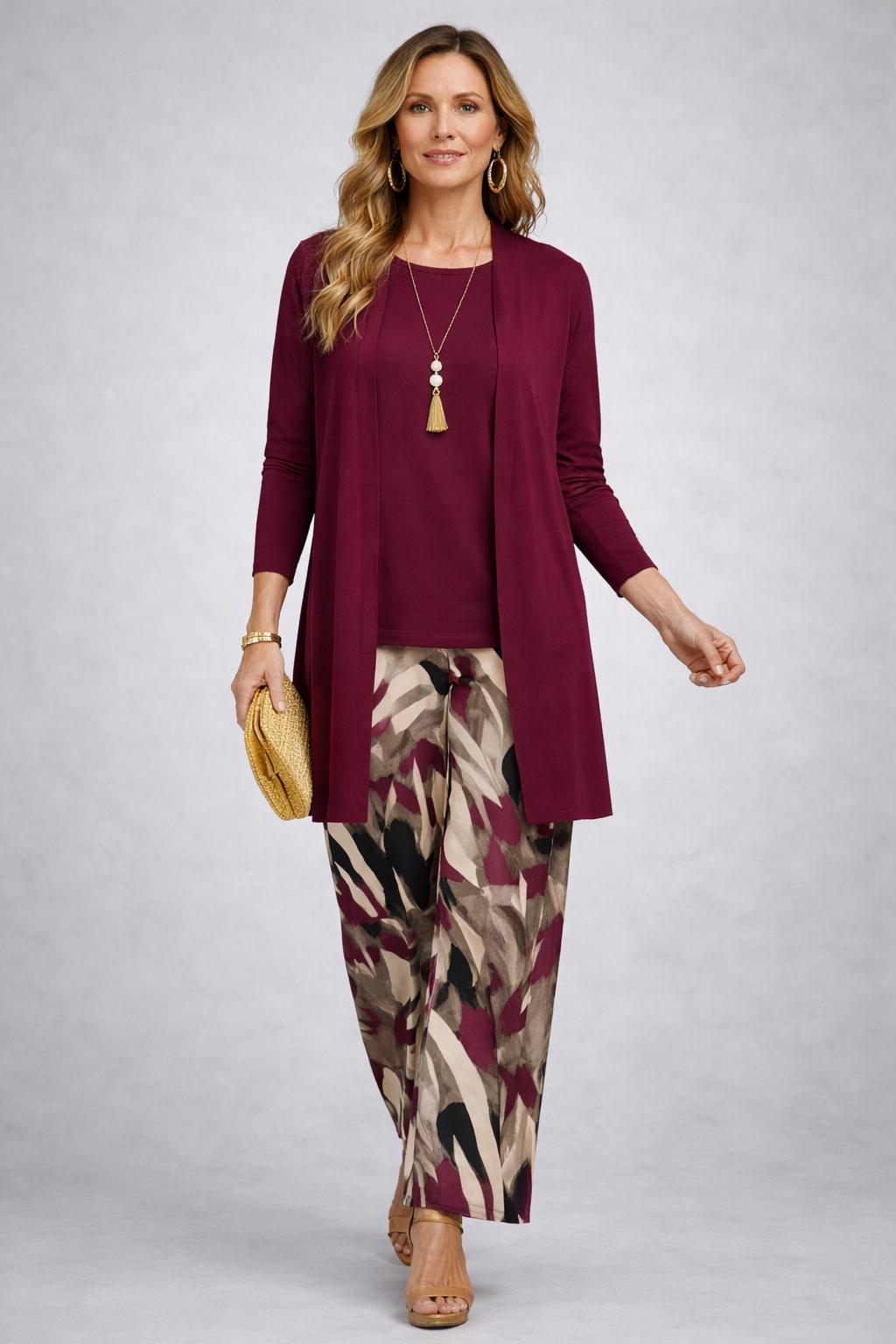 Longline Cardigan Tank and Abstract Print Pants Three Piece Set