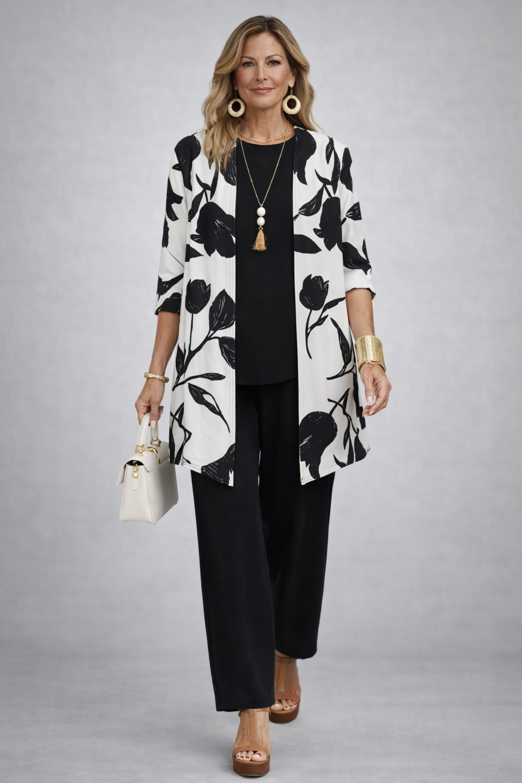 Floral Print Longline Cardigan Tank and Pants Three Piece Set