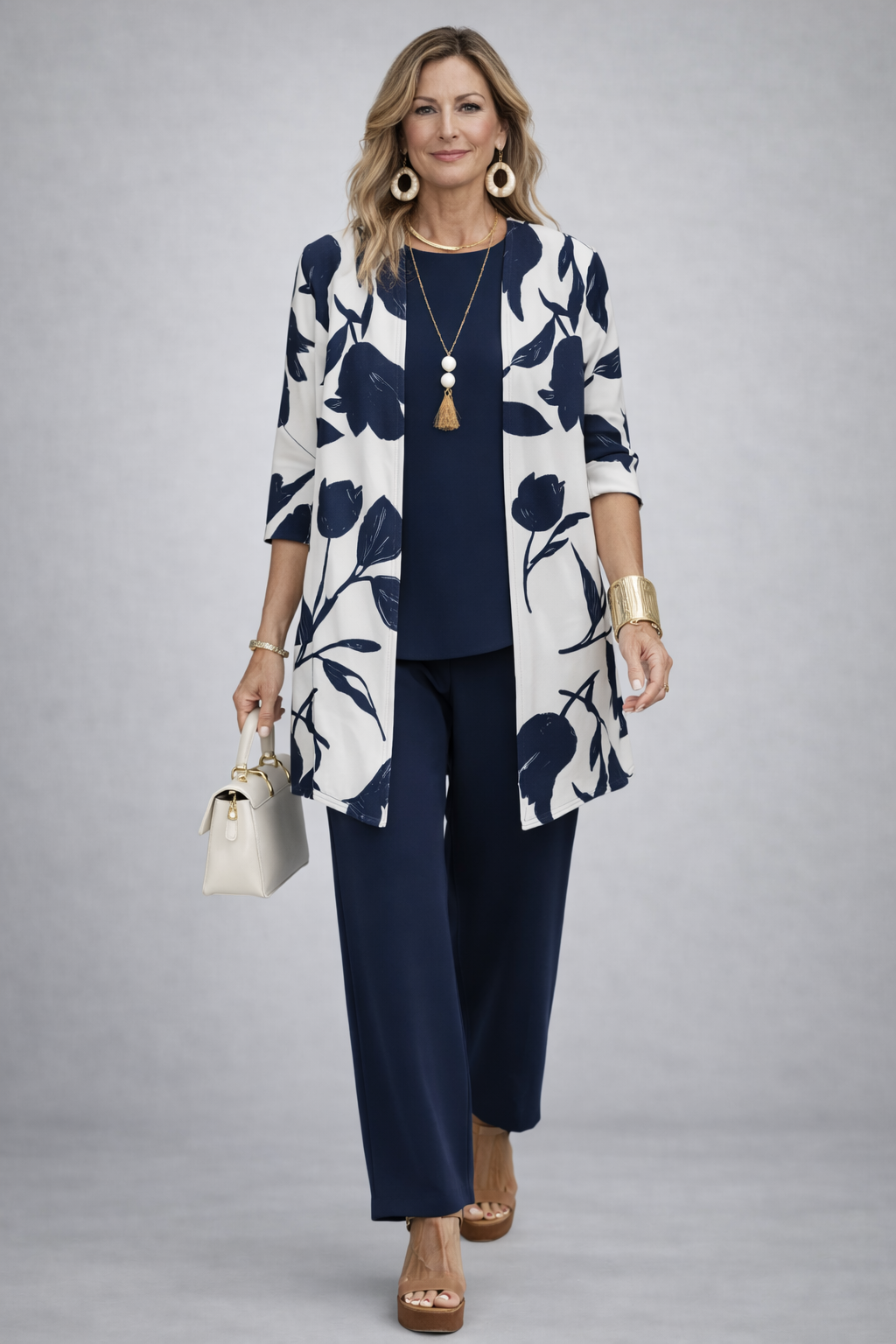 Floral Print Open Front Jacket Tank and Wide Leg Pants Three Piece Set