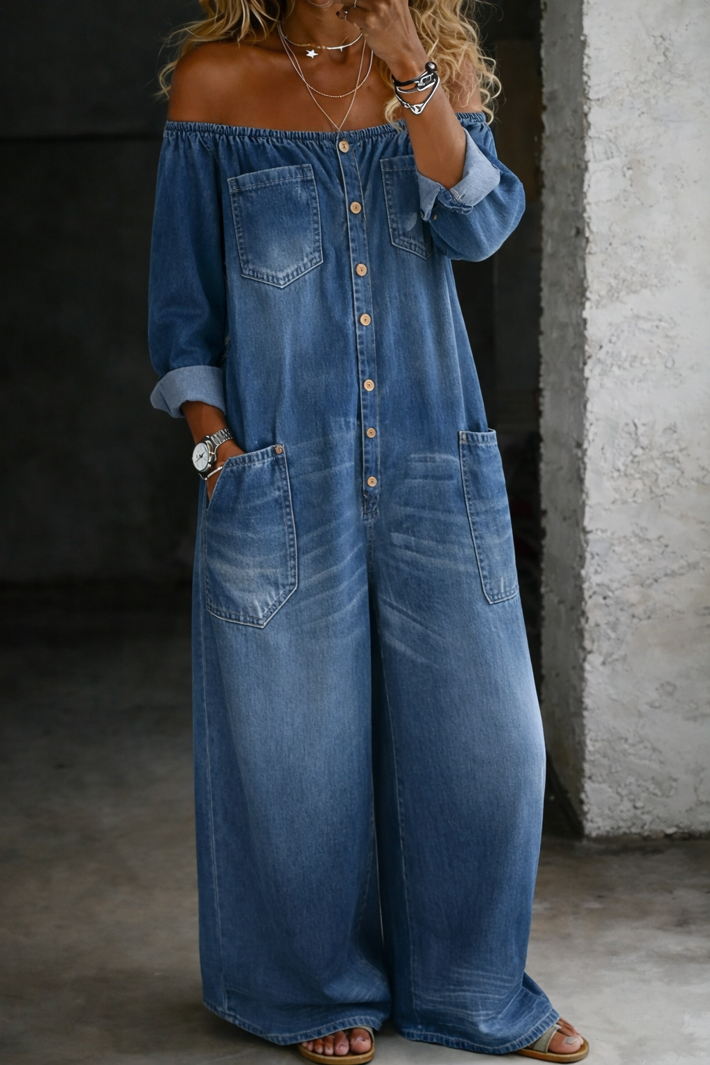 Off Shoulder Button Front Wide Leg Denim Jumpsuit