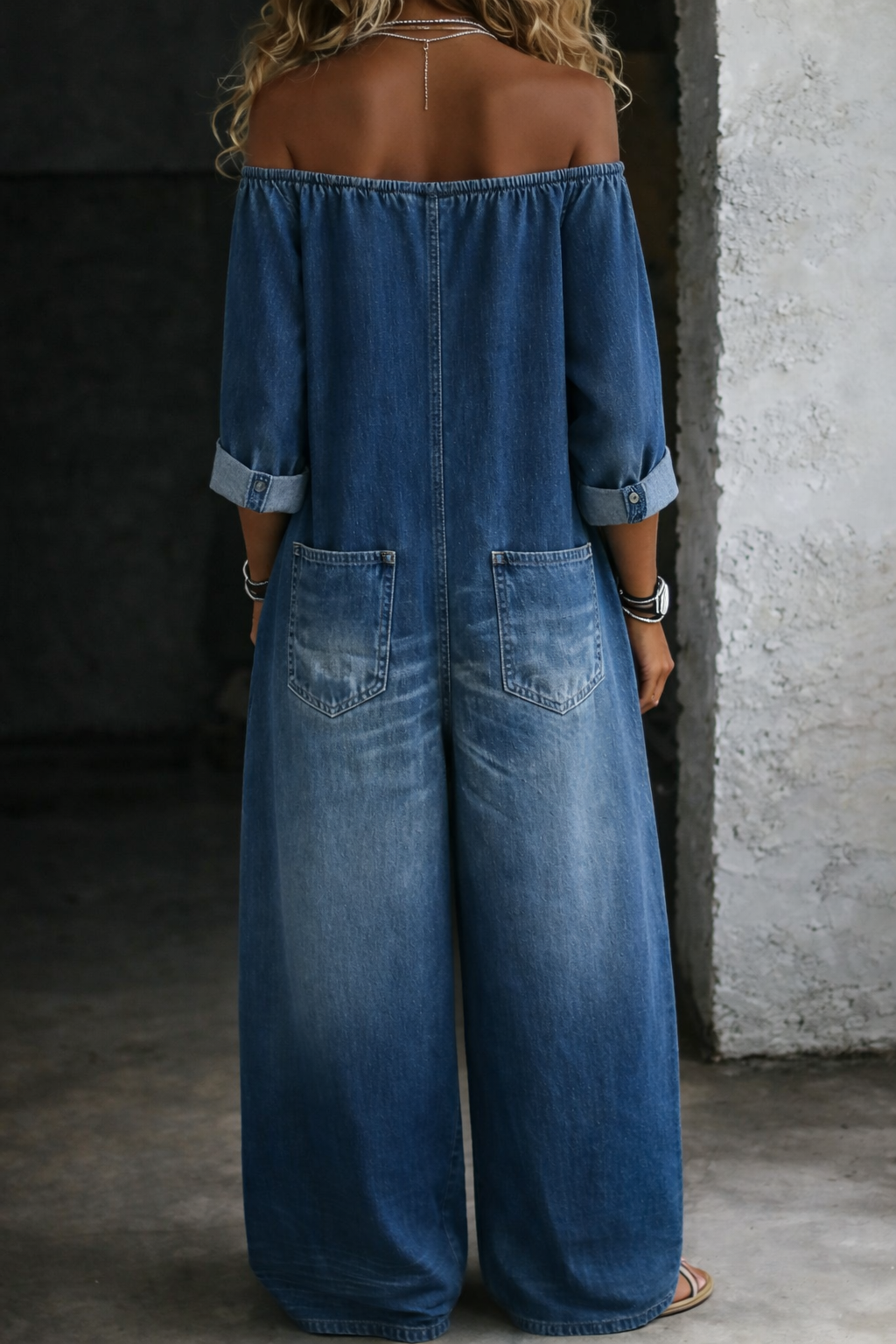 Off Shoulder Long Sleeve Button Front Wide Leg Denim Jumpsuit
