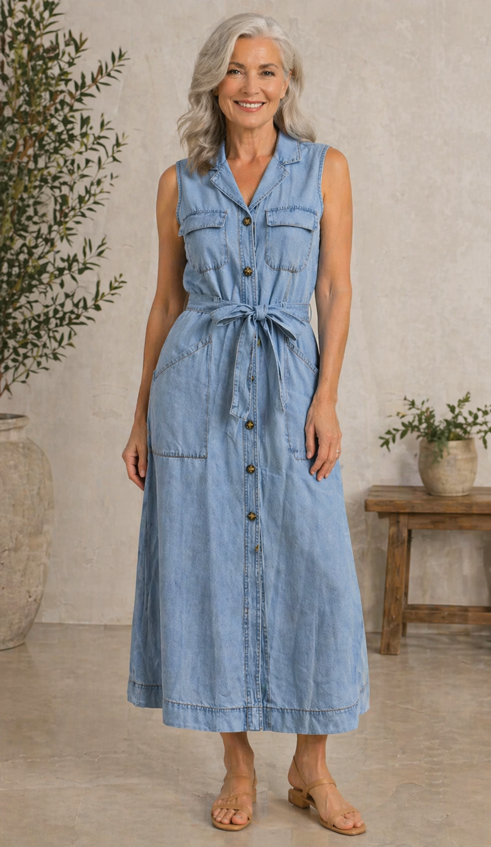 Sleeveless Collared Button Front Belted Denim Maxi Dress