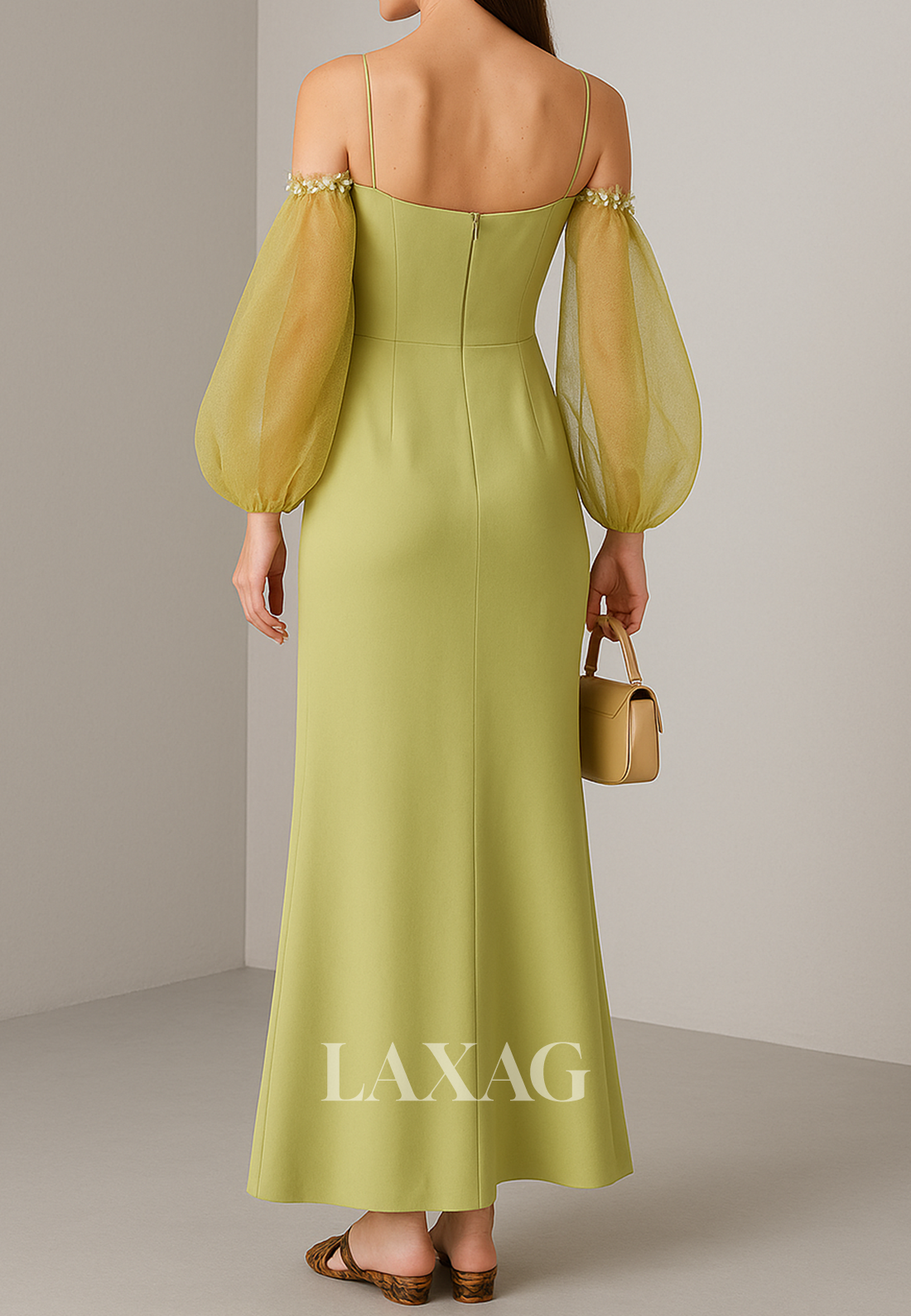 V-Neck Spaghetti Straps Fitted Evening Dress Tulle-Long-Sleeves Beaded Ankle-Length Formal Gowns