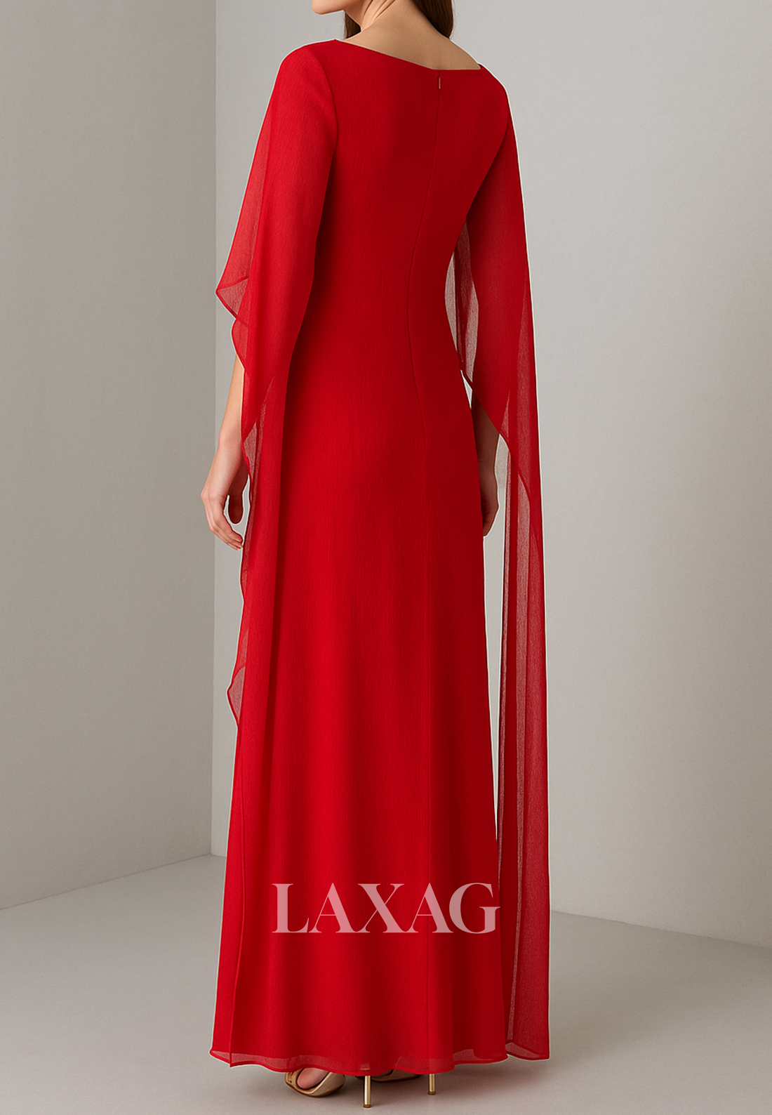 Scoop-Neck Chiffon Fitted Evening Dress Half-Sleeves Beaded Ankle-Length Formal Gowns
