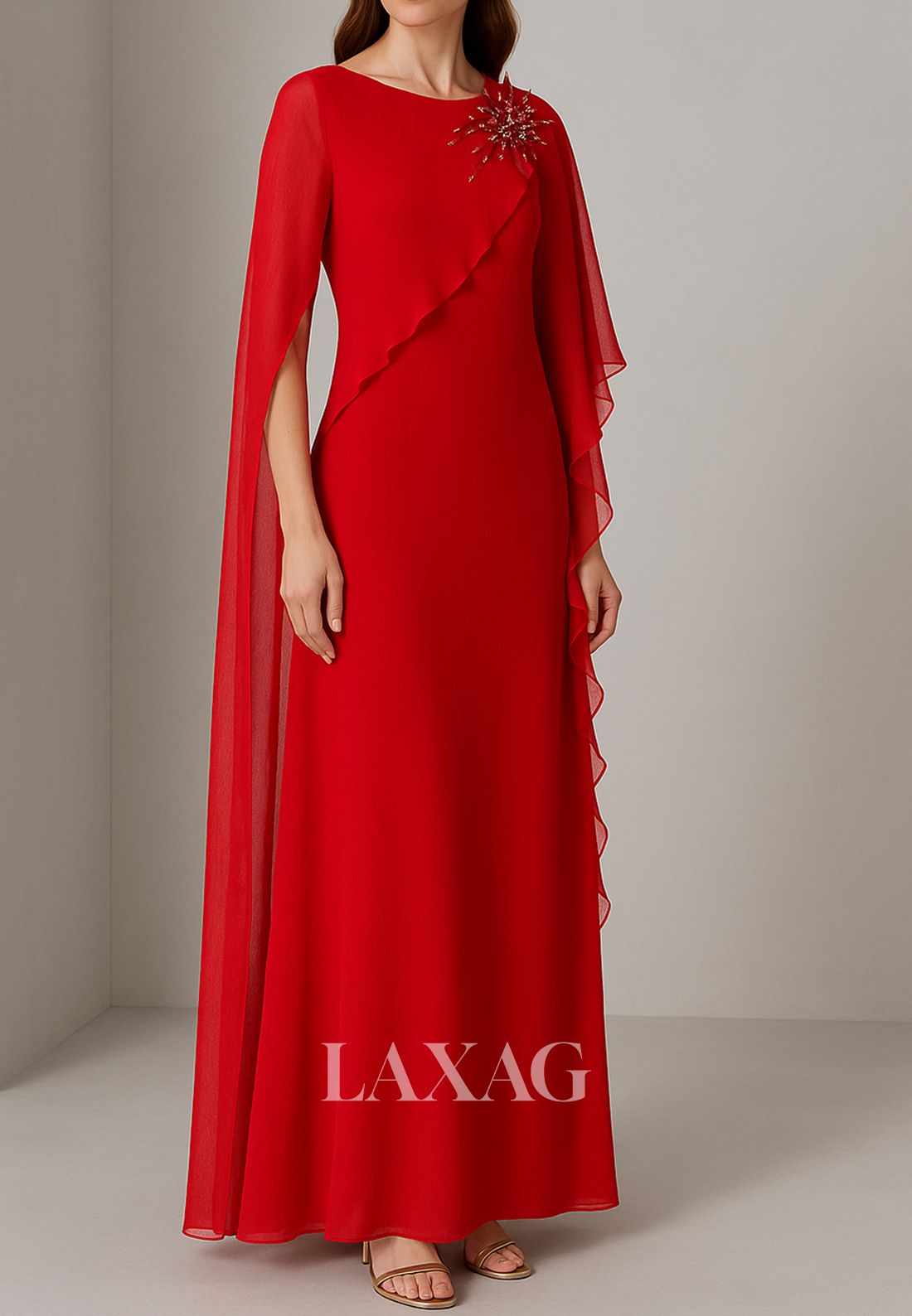 Scoop-Neck Chiffon Fitted Evening Dress Half-Sleeves Beaded Ankle-Length Formal Gowns