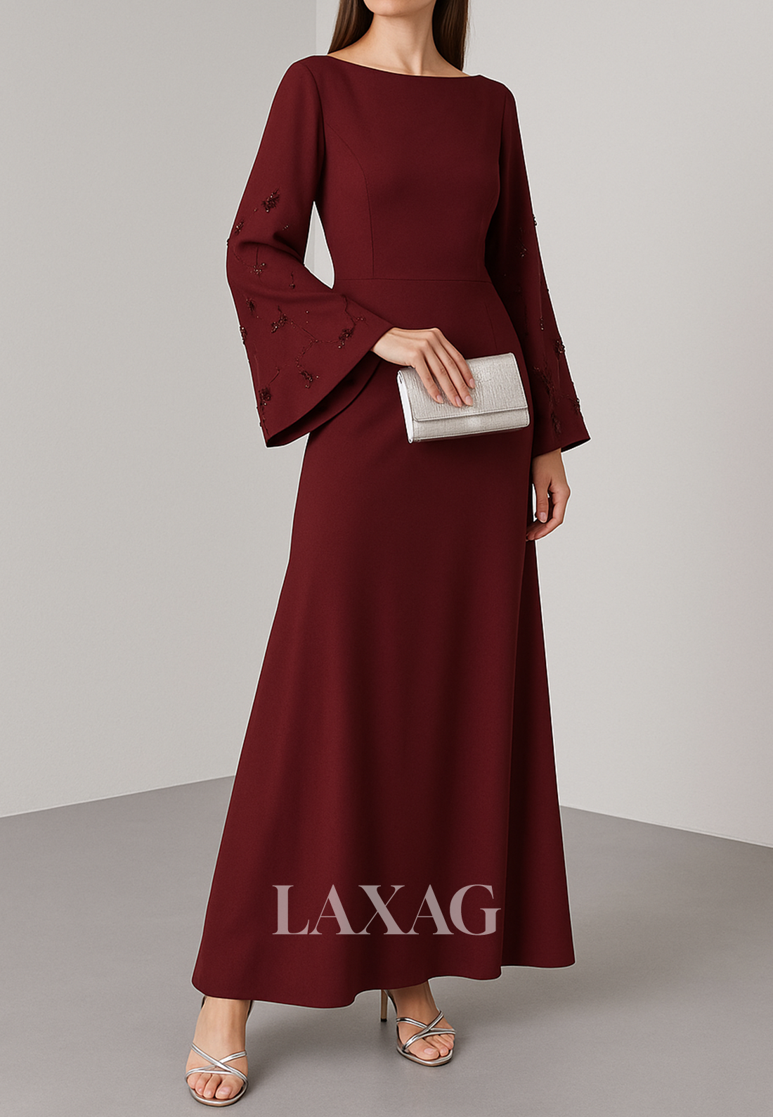 Scoop-Neck Long-Sleeves Applique Formal Gowns Ankle-Length Satin Fitted Evening Dress