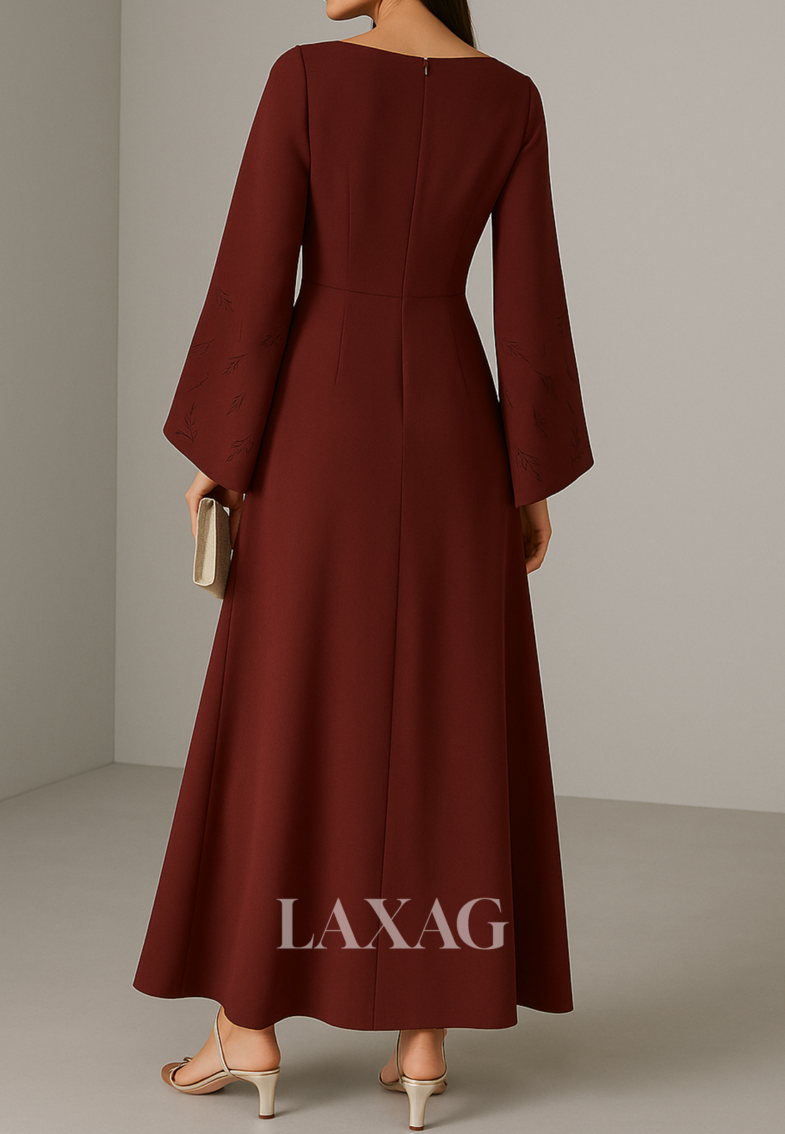Scoop-Neck Long-Sleeves Applique Formal Gowns Ankle-Length Satin Fitted Evening Dress