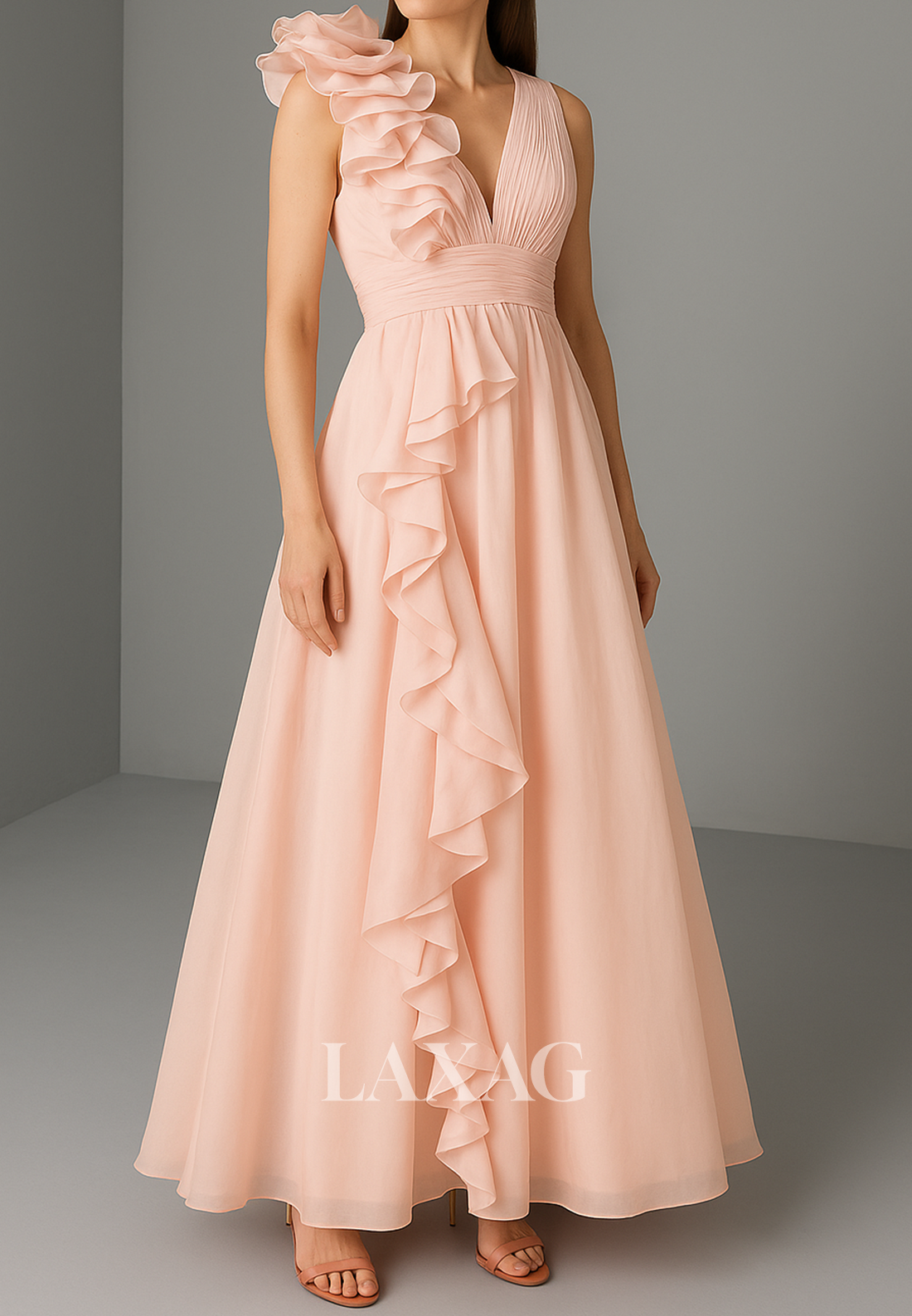 Deep V-Neck Off-Shoulder Sleeveless Formal Gowns Ankle-Length Pleated Chiffon A-Line Evening Dress