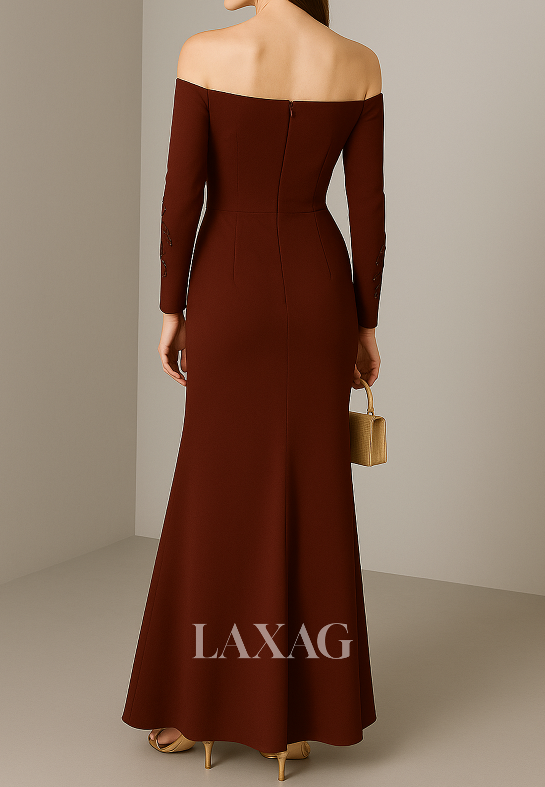 Tube Top Beaded Applique Satin Fitted Evening Dress Long-Sleeves Floor-Length Formal Gowns