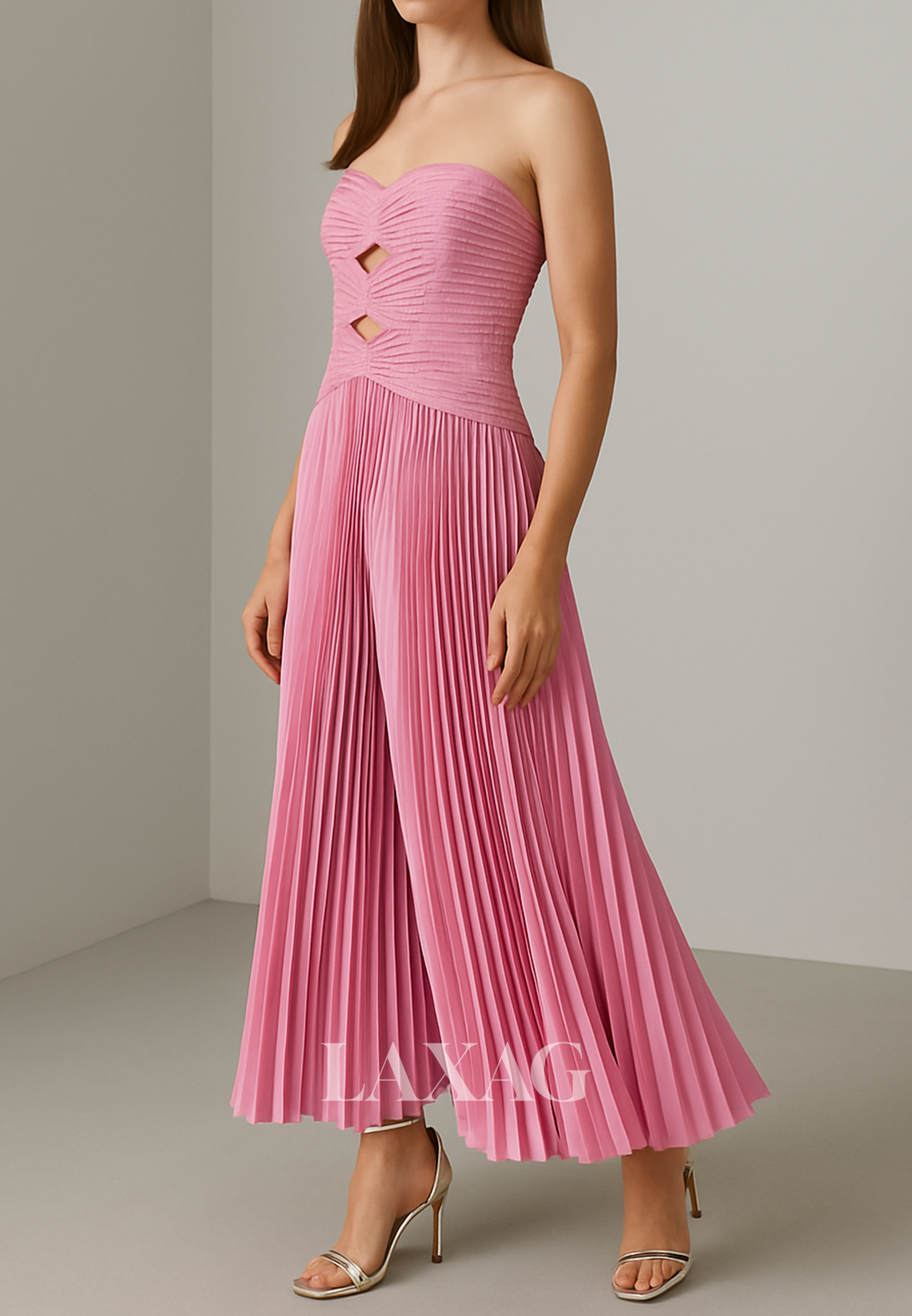 Sweetheart Ankle-Length A-Line Evening Dress Off-Shoulder Sleeveless Pleated Satin Formal Gowns