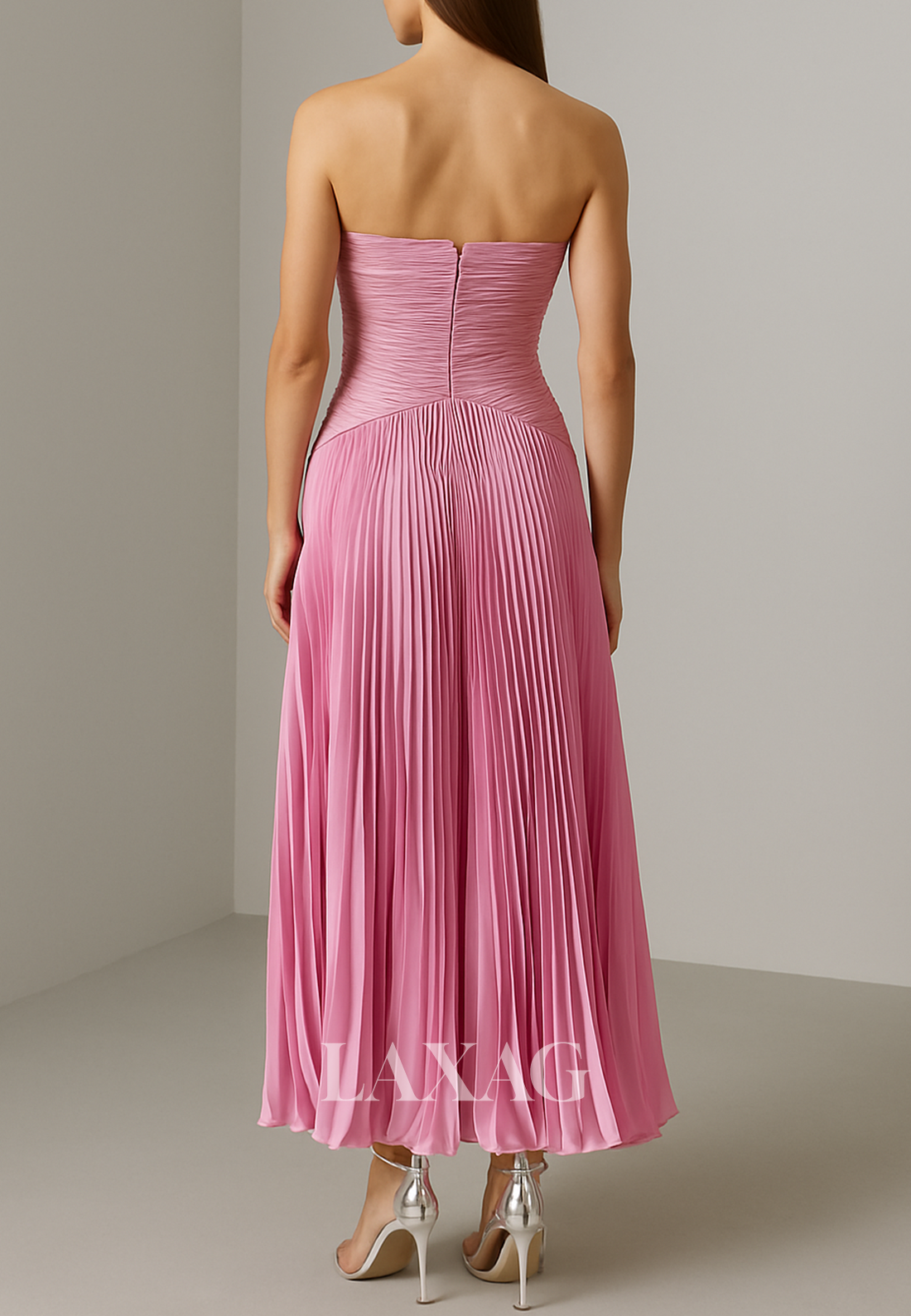 Sweetheart Ankle-Length A-Line Evening Dress Off-Shoulder Sleeveless Pleated Satin Formal Gowns