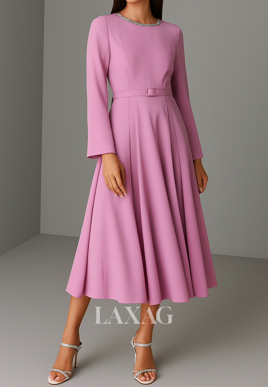 Long-Sleeves Beaded Scoop-Neck A-Line Evening Dress Tea-Length Pleated Satin Formal Gowns
