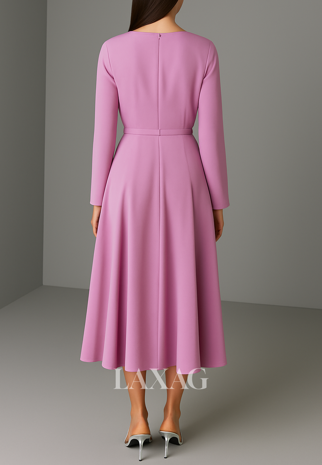 Long-Sleeves Beaded Scoop-Neck A-Line Evening Dress Tea-Length Pleated Satin Formal Gowns