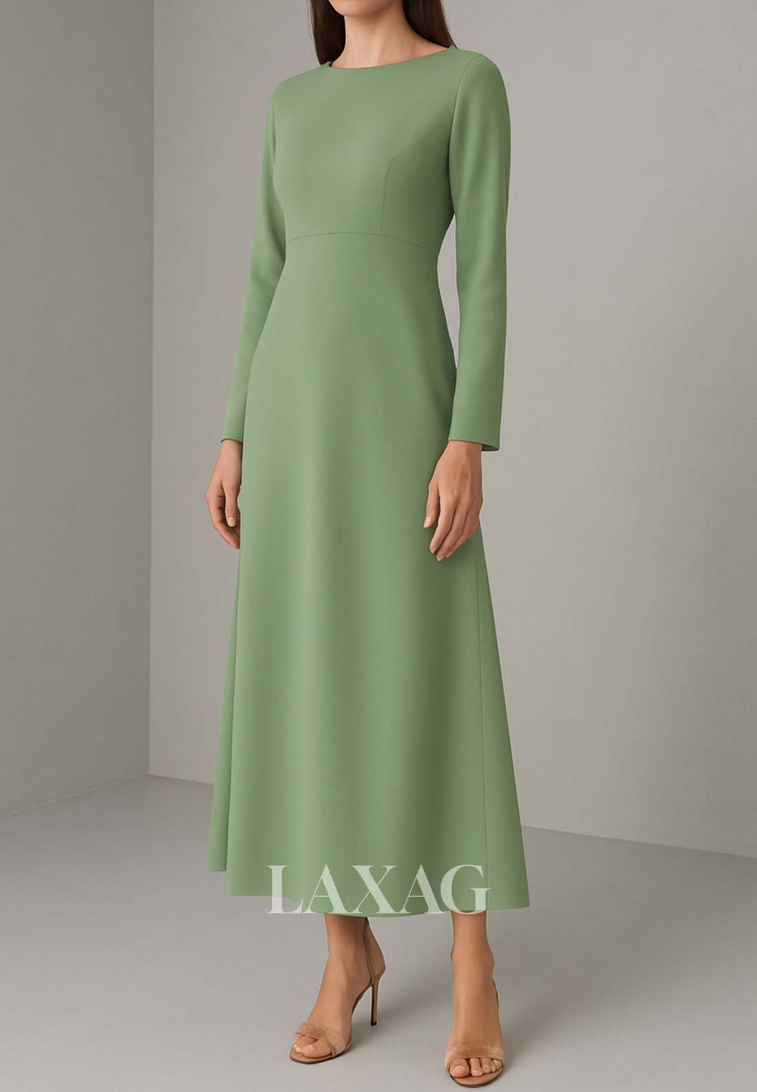 Simple Scoop-Neck Long-Sleeves A-Line Evening Dress Ankle-Length Satin Formal Gowns
