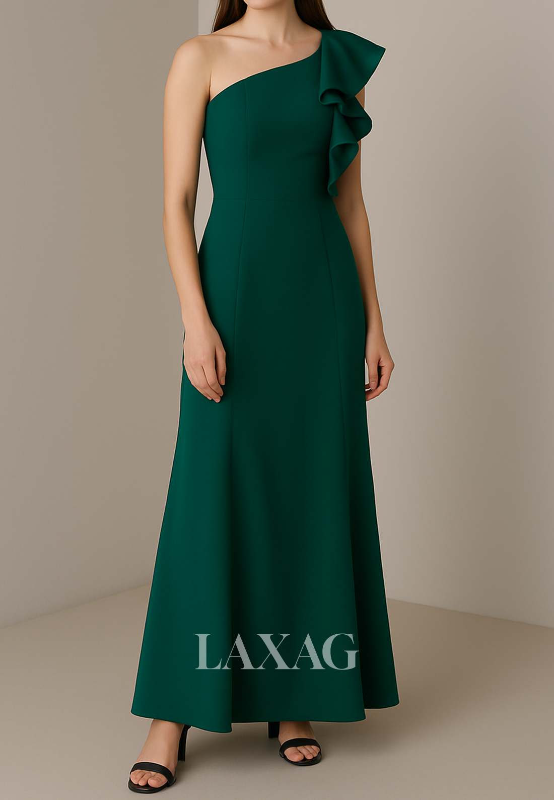 Asymmetrical-Neck One-Strap Fitted Evening Dress Sleeveless Ankle-Length Formal Gowns