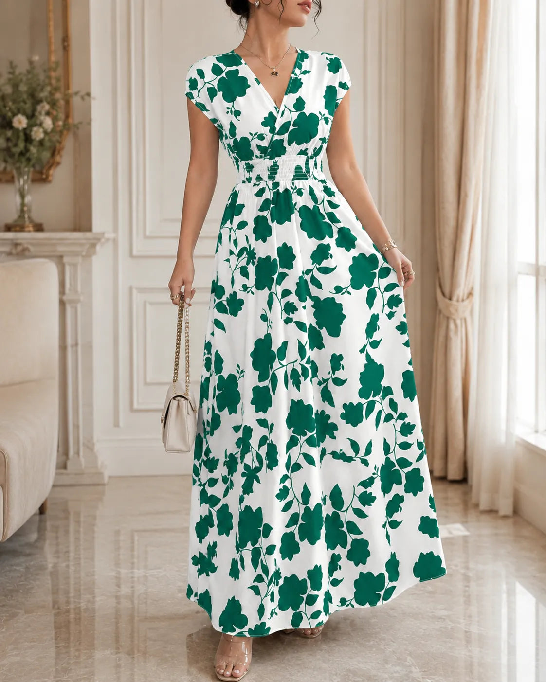 Floral Print V-Neck Cap Sleeve Smocked Waist Maxi Dress