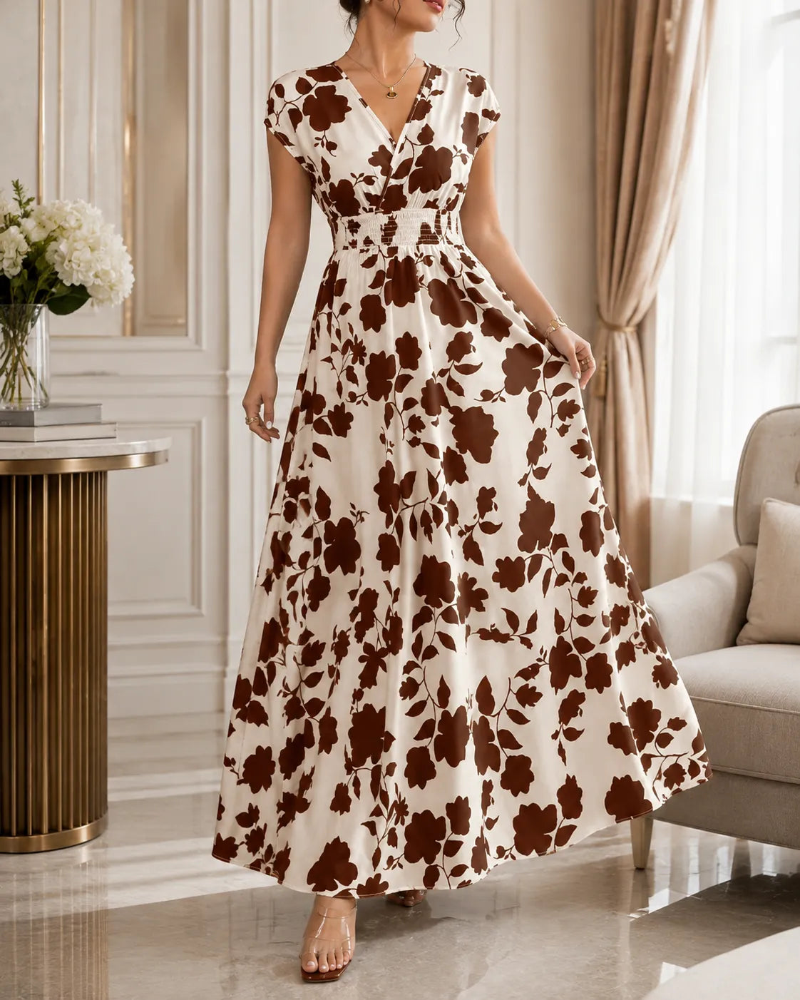Floral Print V-Neck Cap Sleeve Smocked Waist Maxi Dress