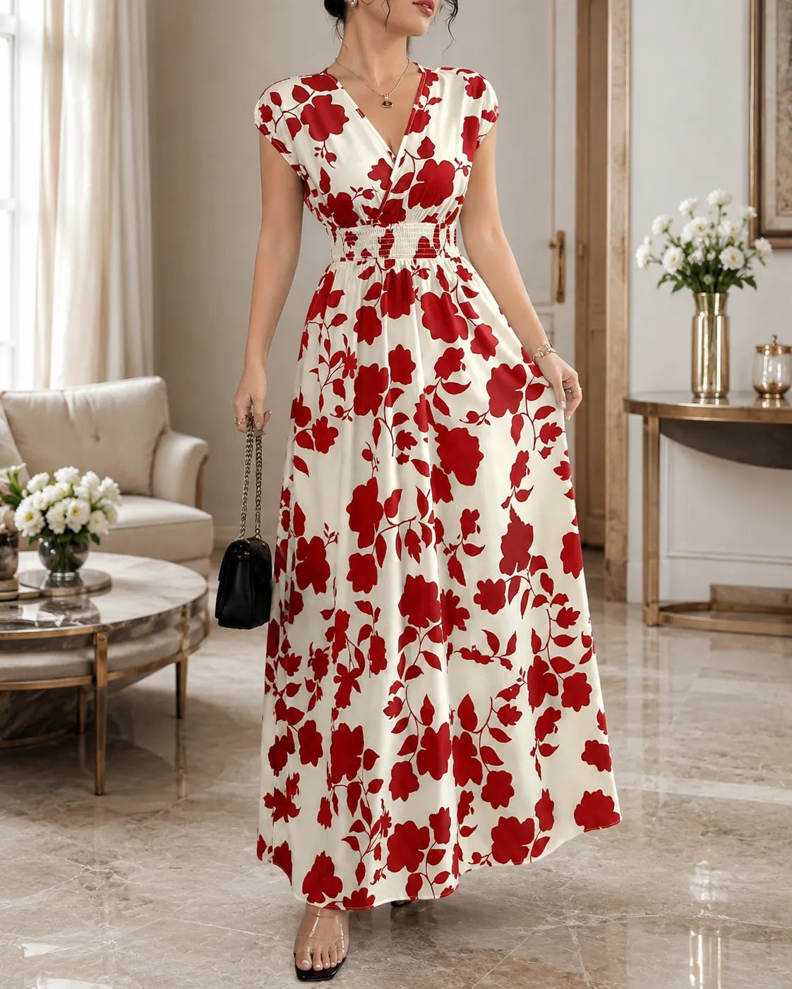 Floral Print V-Neck Cap Sleeve Smocked Waist Maxi Dress