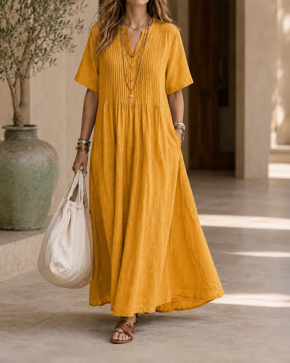Pintuck Split Neck Short Sleeve Pocket A-Line Maxi Dress
