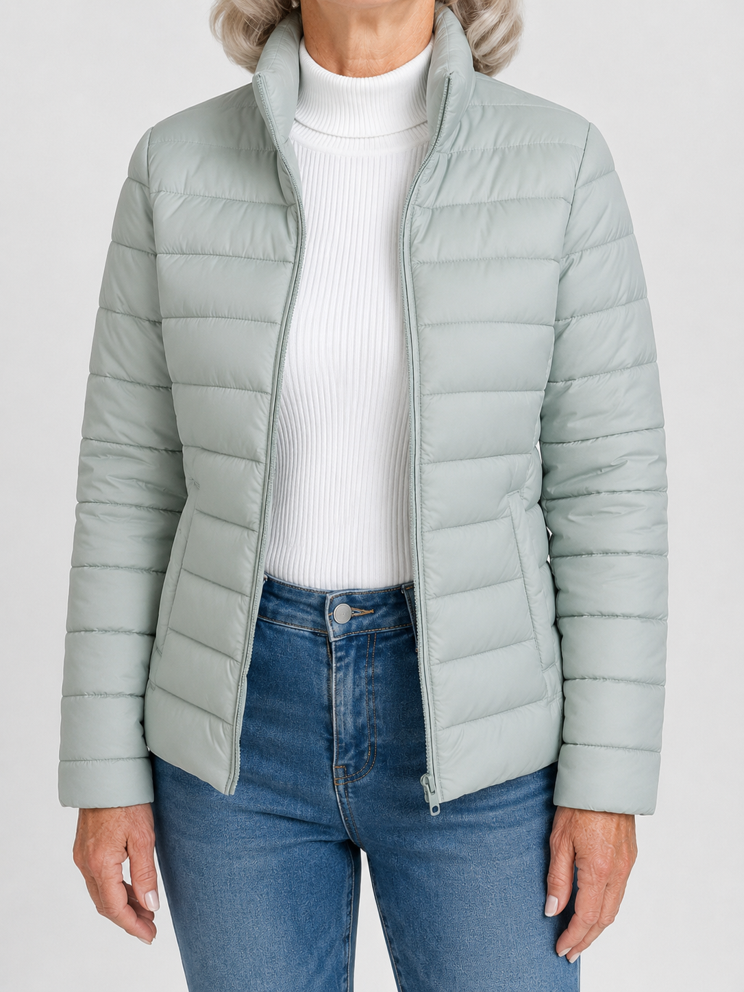 Stand Collar Zip Front Lightweight Puffer Jacket