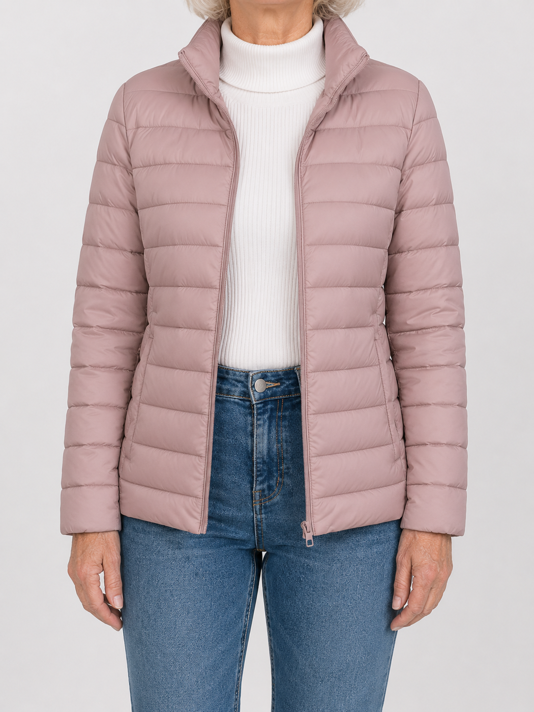 Stand Collar Zip Front Lightweight Puffer Jacket