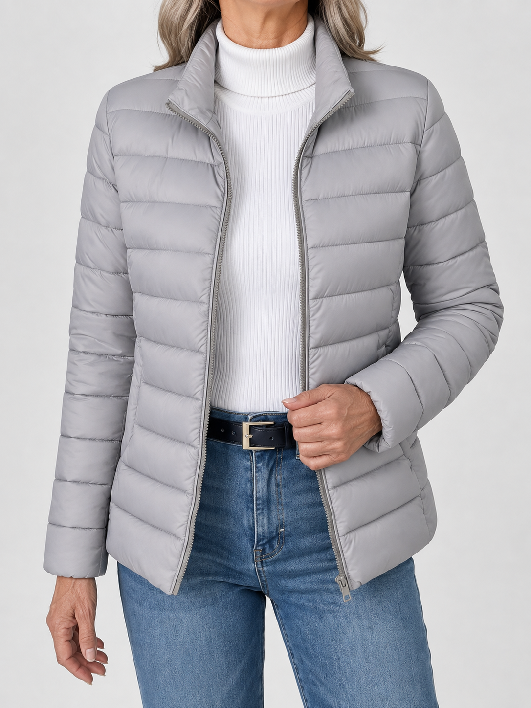 Stand Collar Zip Front Lightweight Puffer Jacket