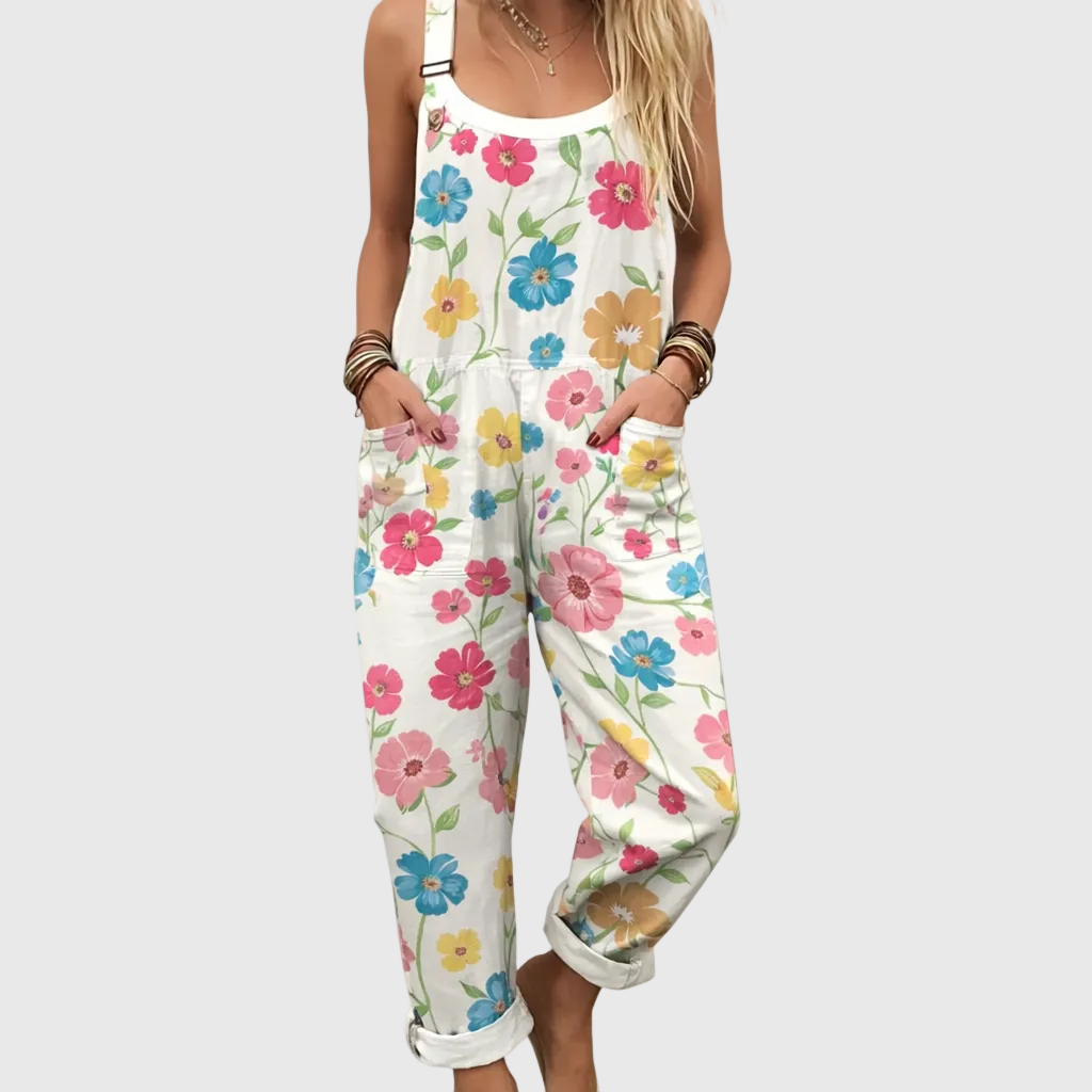 Floral Print Sleeveless Cuffed Leg Overall Jumpsuit