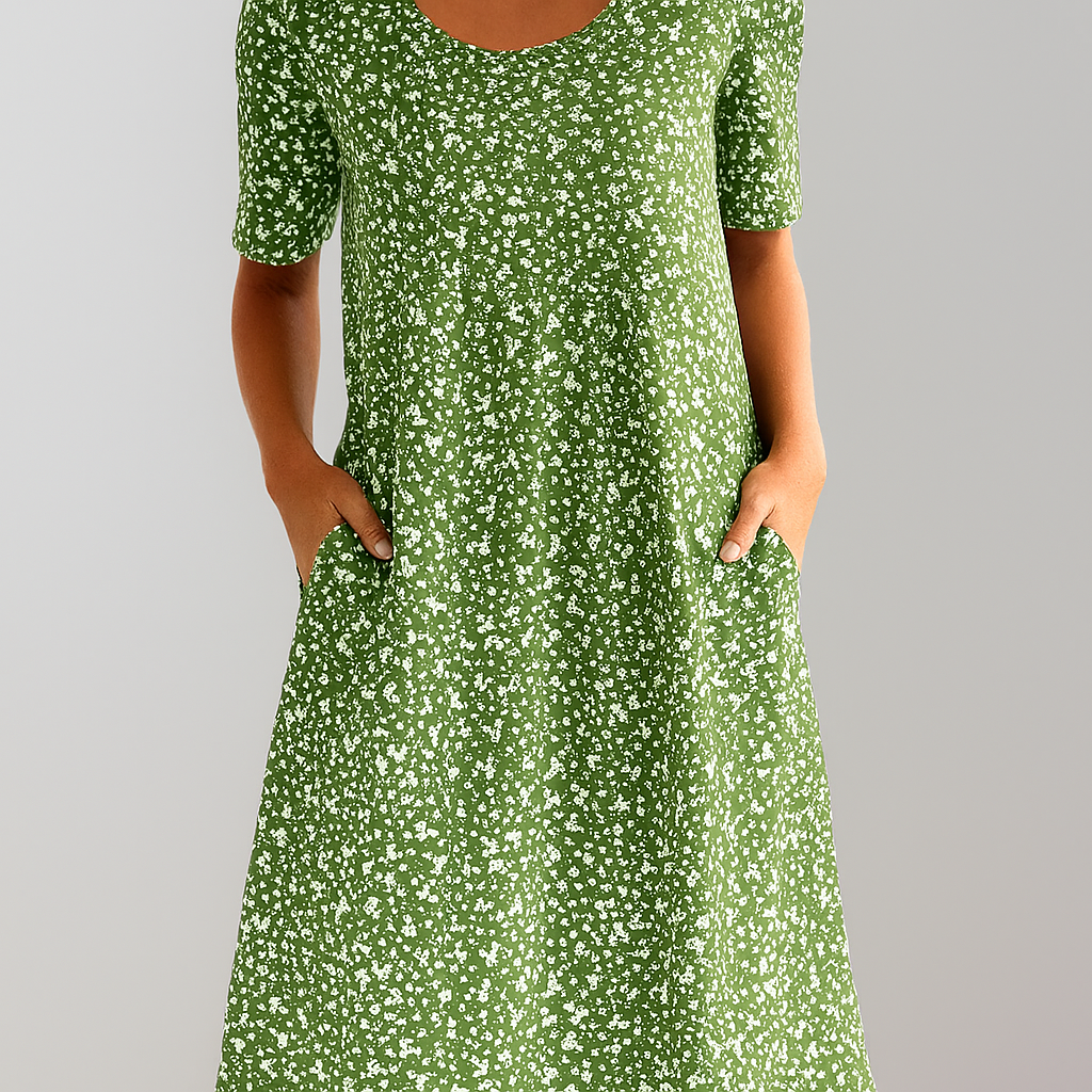 Ditsy Floral Short Sleeve Pocket A-Line Midi Dress 6