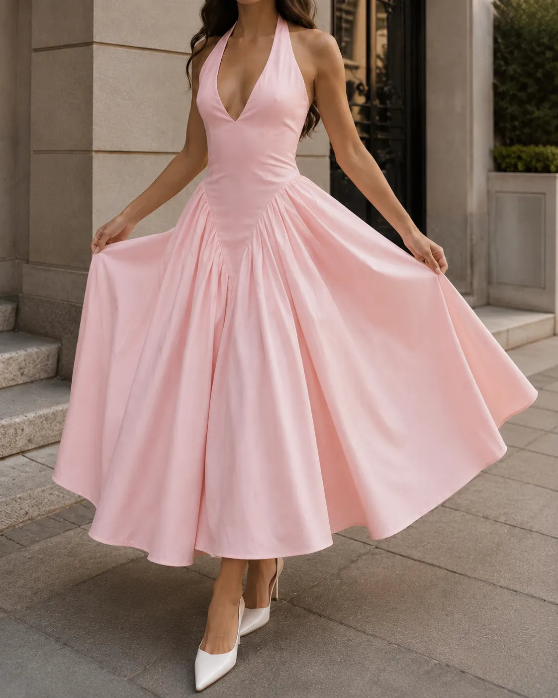 Halter Neck Deep V-Neck Fit and Flare Midi Dress Cocktail