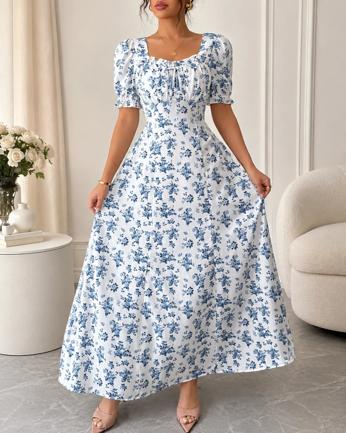 Floral Square Neck Puff Sleeve Fit and Flare Maxi Dress
