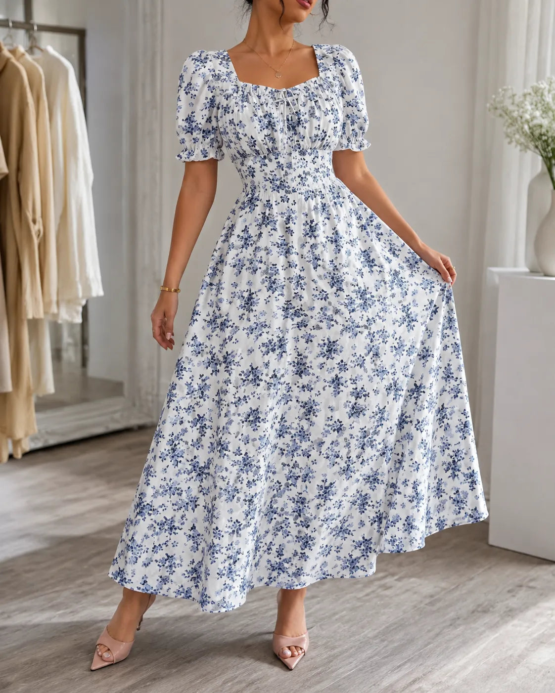 Floral Square Neck Puff Sleeve Fit and Flare Maxi Dress