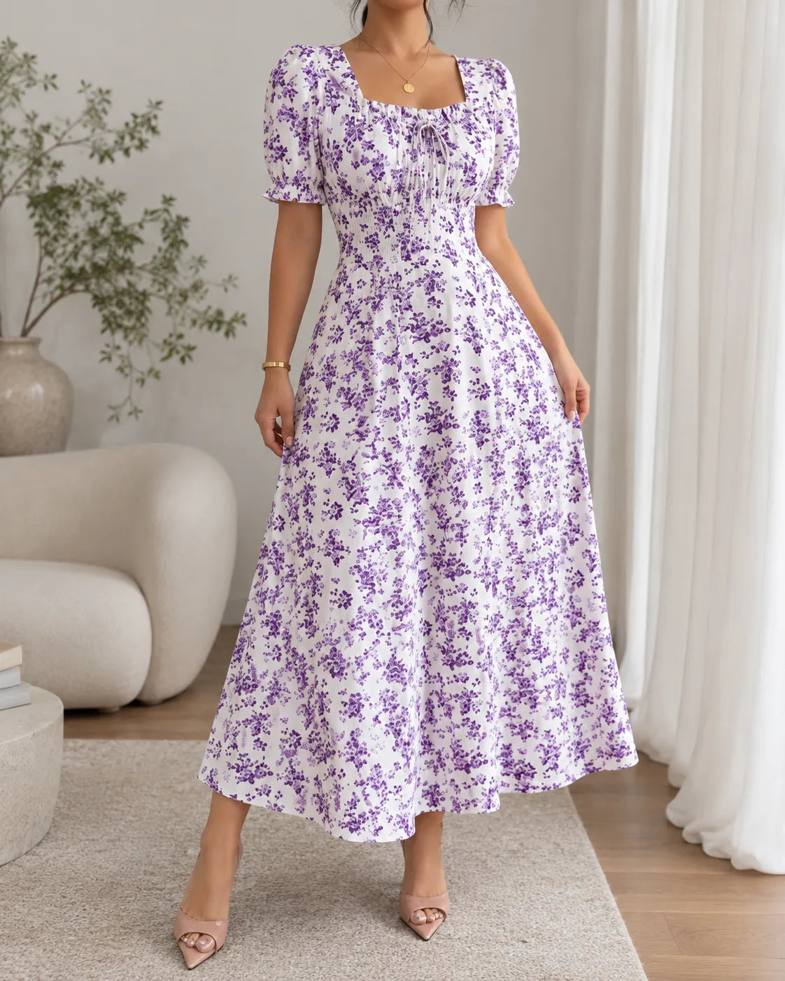 Floral Square Neck Puff Sleeve Fit and Flare Maxi Dress