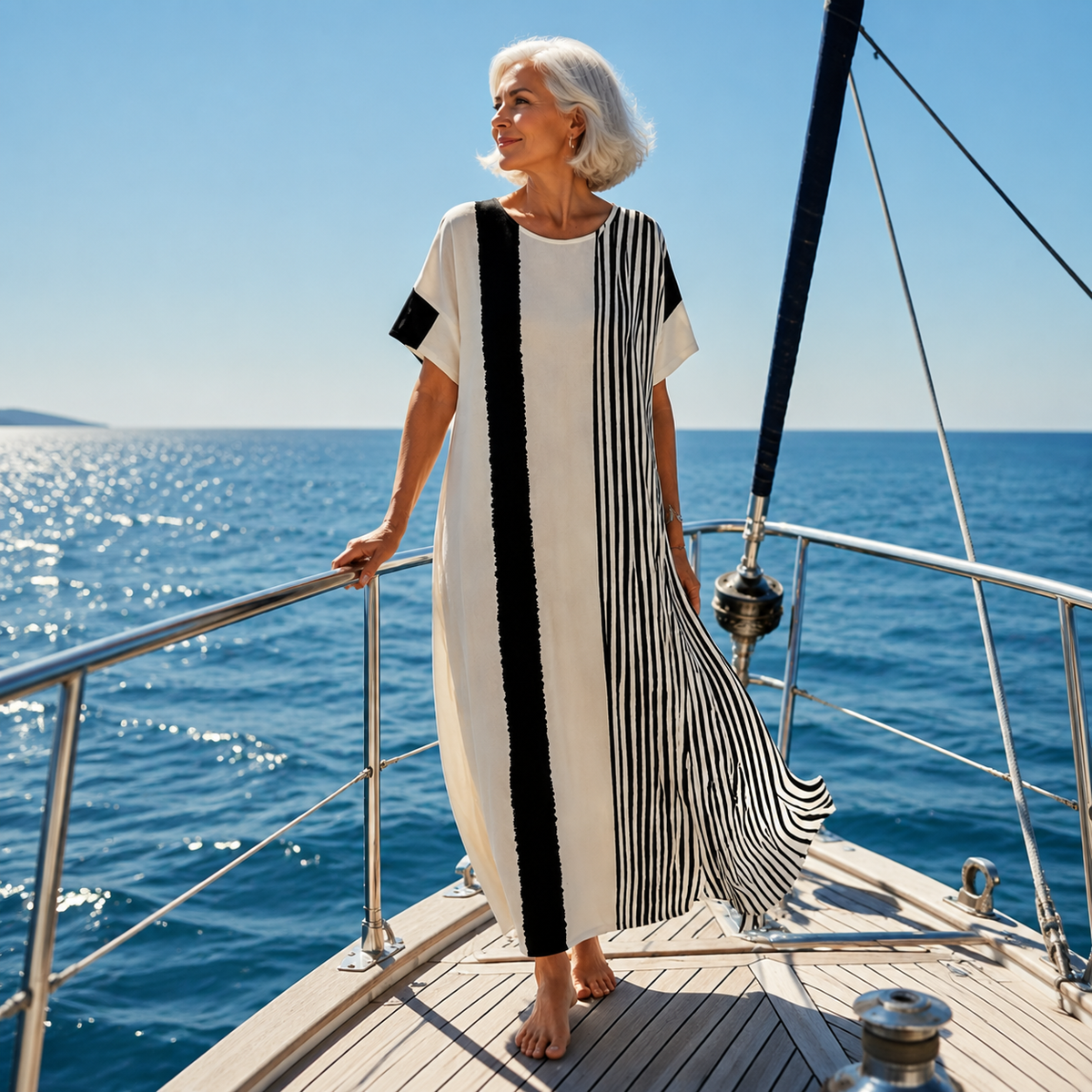 Elara | Round Neck Short Sleeve Striped Maxi Dress