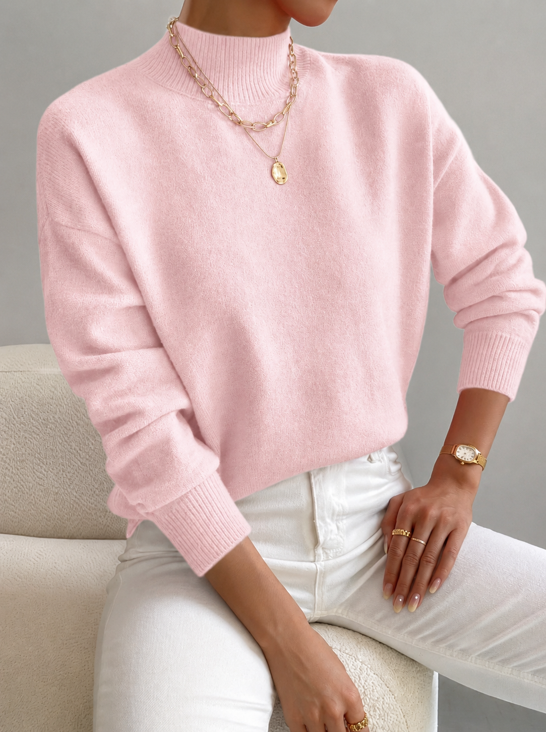 Mock Neck Long Sleeve Drop Shoulder Sweater