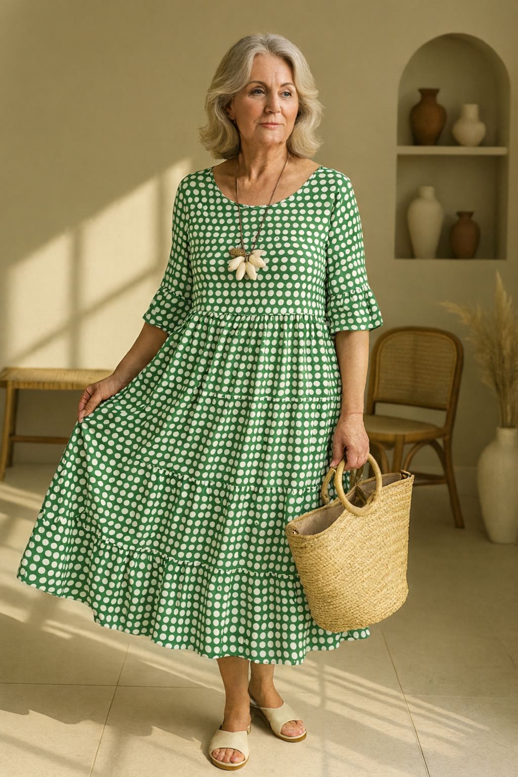 Polka Dot Scoop Neck Short Sleeve Tiered Midi Dress